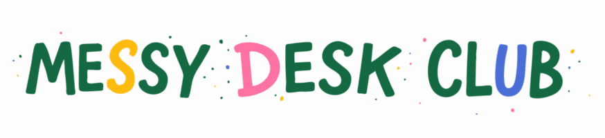 Messy Desk Club logo with bold green lettering and colorful highlights on “S,” “D,” and “U,” surrounded by scattered confetti dots